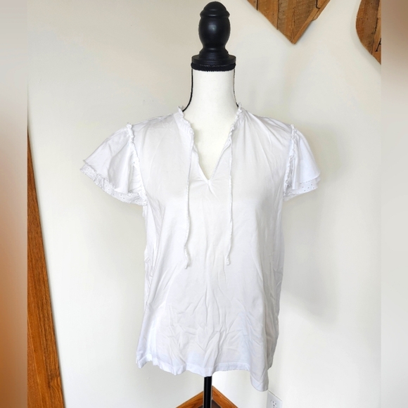 Chaps White Puff Sleeve Blouse with Tie Front and Mandarin Collar - Picture 1 of 4